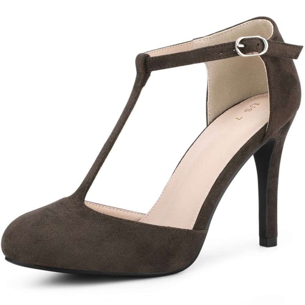 Rounded Toe Stiletto Heel T-Strap Pumps Coffee